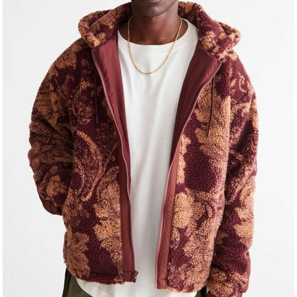 Urban Outfitters Burgundy & Tan Trendy Cozy Floral Hooded Sherpa Jacket Size L